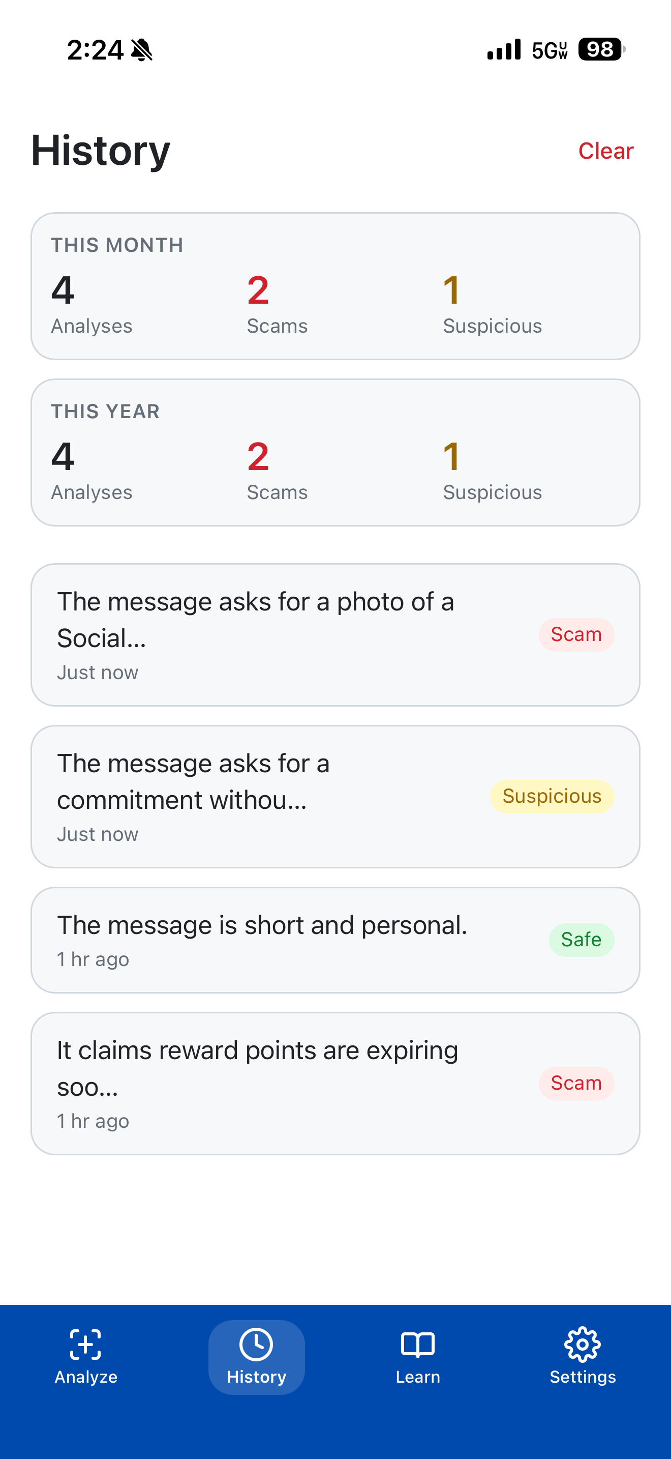 History tab with monthly and yearly totals
