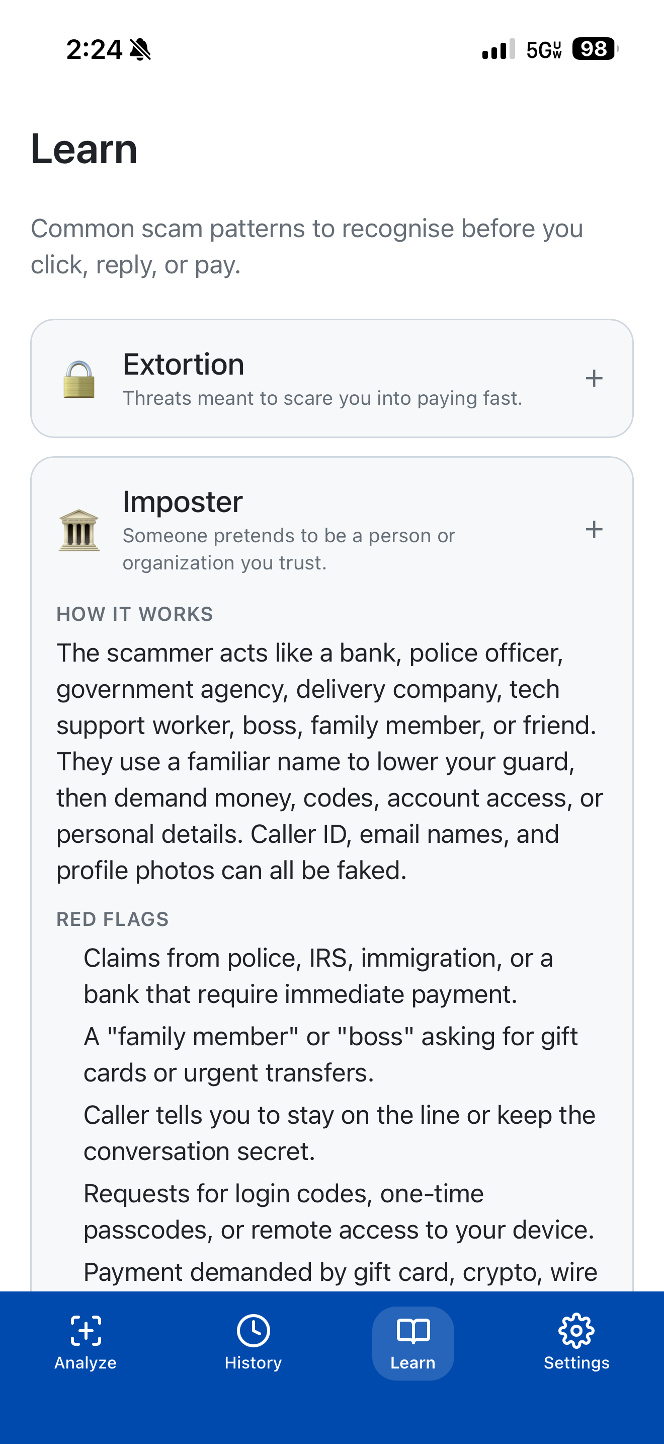 Learn tab with scam pattern explanations