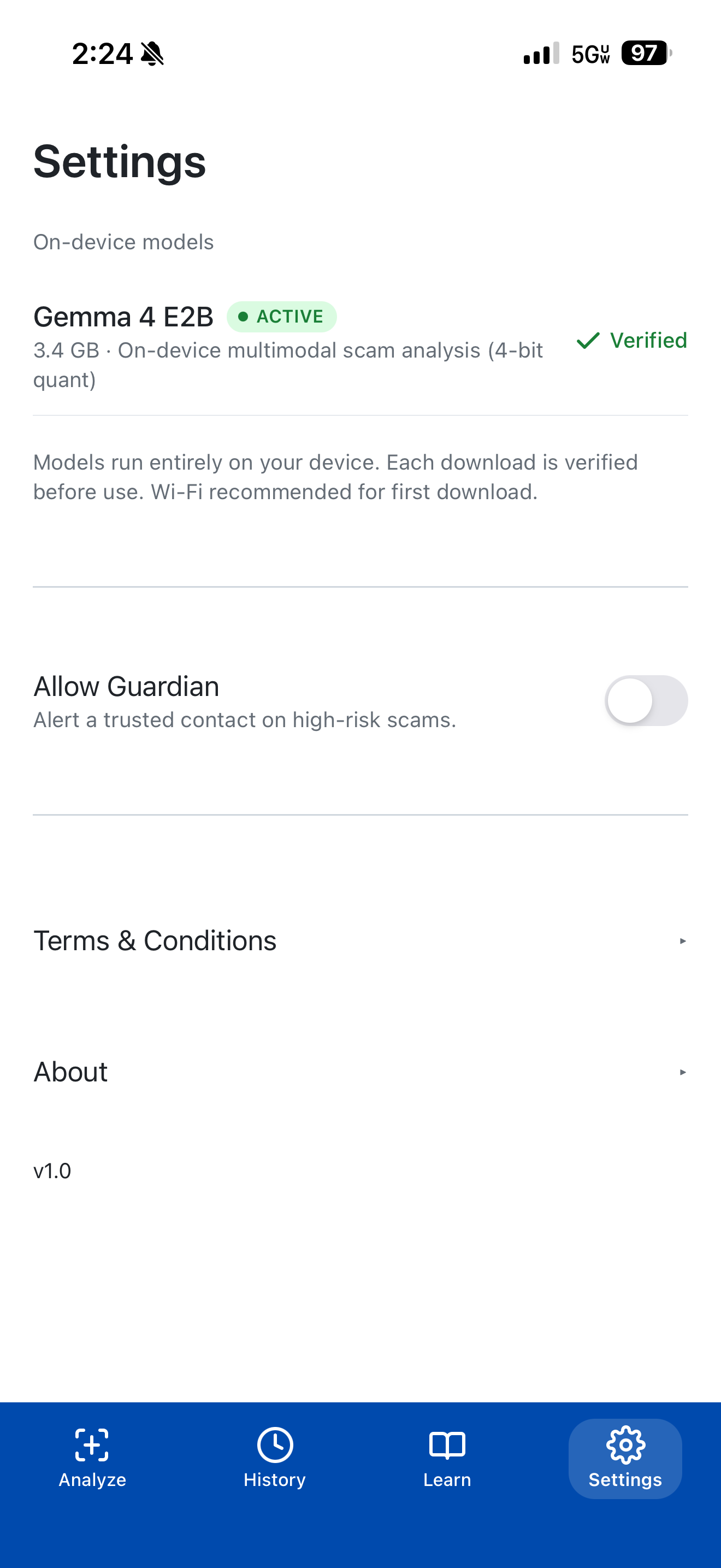 Settings screen with download model