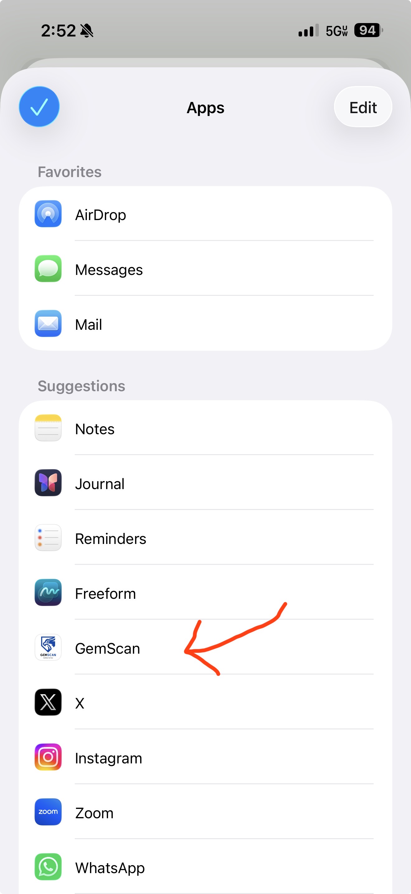iOS share sheet sending an image to GemScan